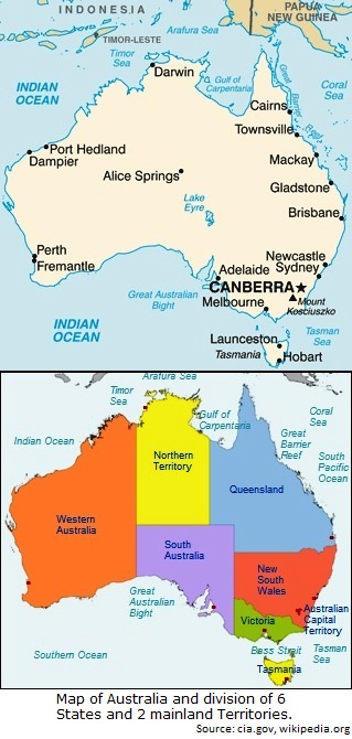 Map of Australia and division of 6 States and 2 mainland Territories.