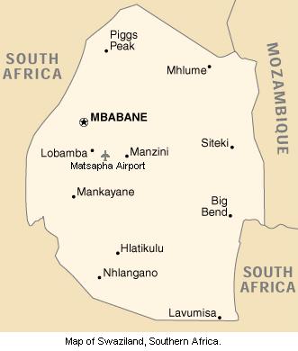 Map of Swaziland, Southern Africa.