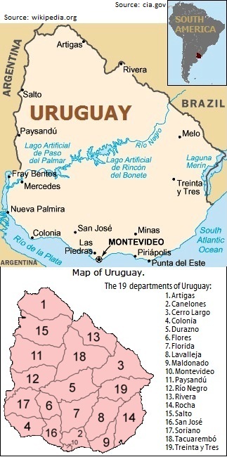 Map of Uruguay and its 19 departments (departamentos).